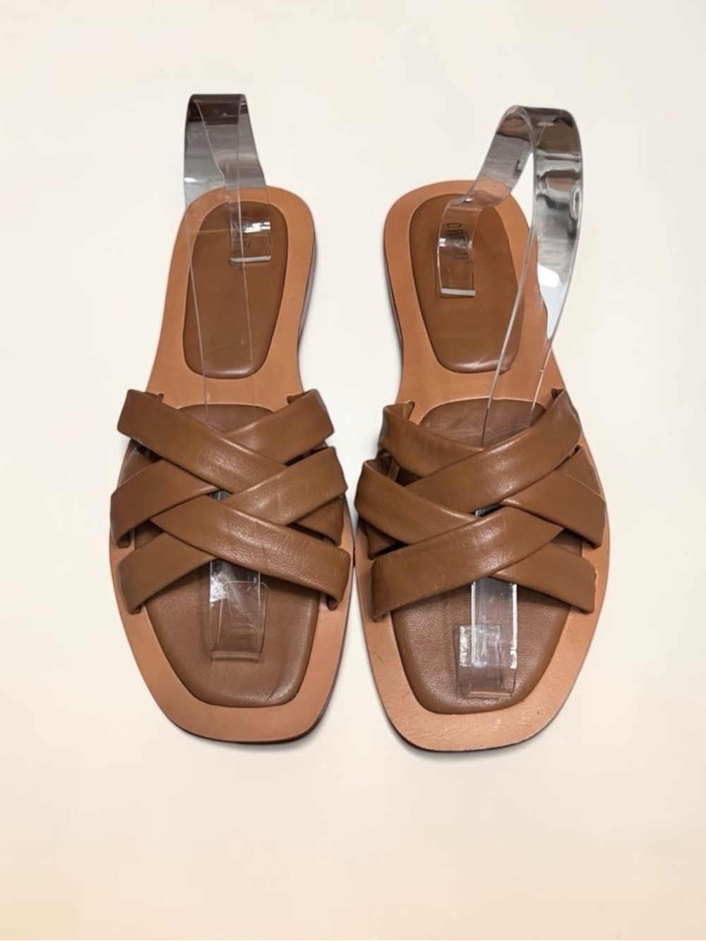 🌻LIKE New Crevo Busy Slide Sandals Brown Leather Crisscross Strappy Size 9.5